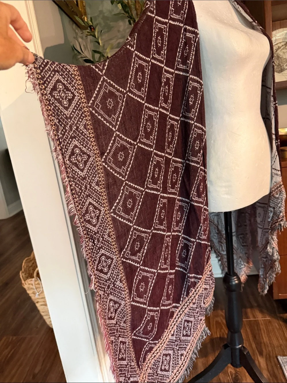 Boho Geometric Fringe wrap in maroon by ecote